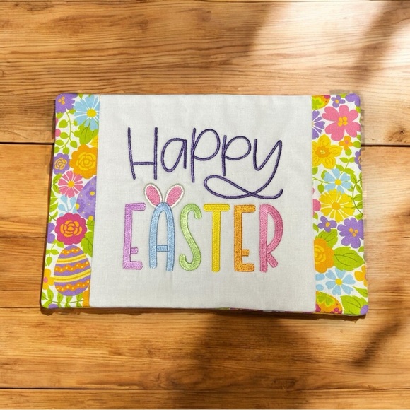 Hand Crafted Easter Placemat Snack Mat Cotton Embroidered Pastel Happy Easter - Picture 1 of 11